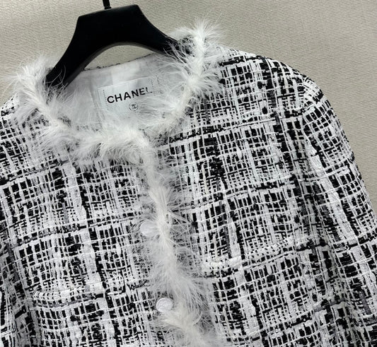 Feather-Trim Tweed Jacket
