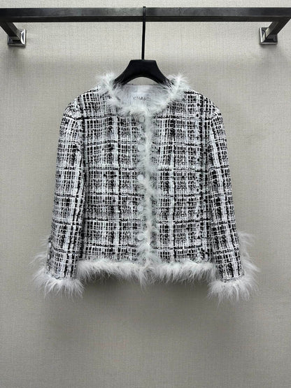 Feather-Trim Tweed Jacket