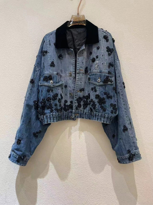 Embellished Washed Denim Cropped Jacket