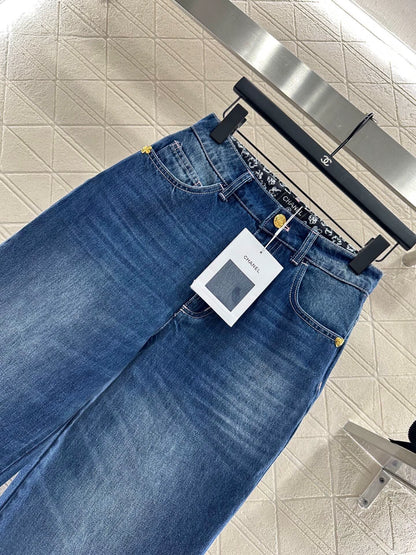 C 25 High-waisted bleached pleated denim trousers