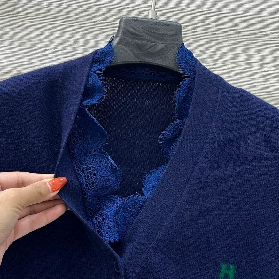 H 25 new style neckline lace design classic V-neck cashmere cardigan