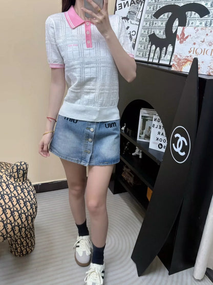 M 25 New Clashing Buttons Lapel Short Sleeve Knit (White Pink Yellow)