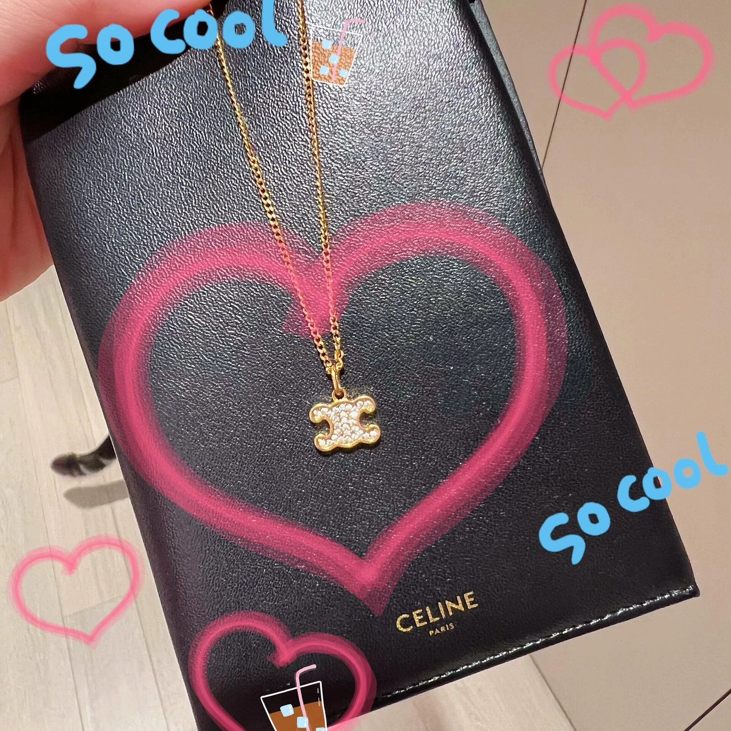 CE 25 Gold necklace with full diamond logo and Arc de Triomphe logo
