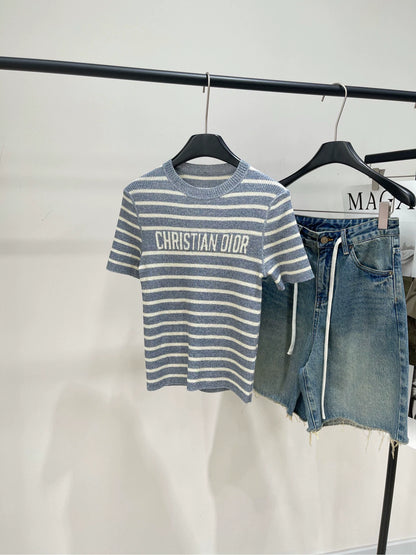 D 25Striped Linen Knit Short Sleeve Gray Blue