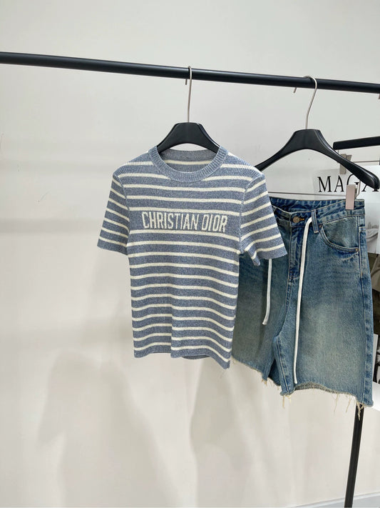 D 25Striped Linen Knit Short Sleeve Gray Blue