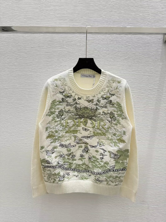 D 25 Embroidered letter butterfly round neck pullover knit long sleeves