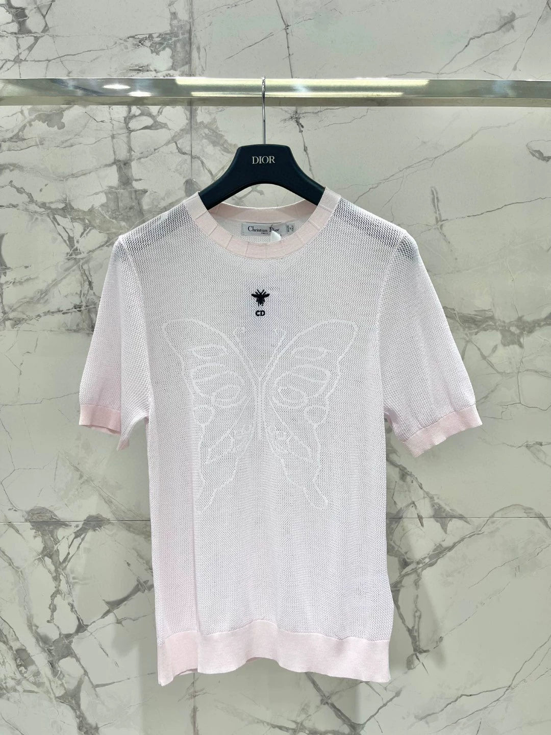 D 25 New Mesh Bee Embroidery Big Butterfly Concealed Breathable Short Sleeve Knit Top