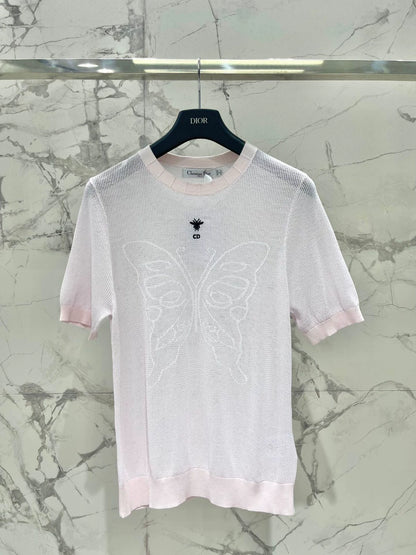 D 25 New Mesh Bee Embroidery Big Butterfly Concealed Breathable Short Sleeve Knit Top