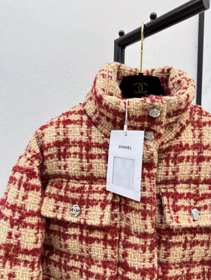 C 25 New fall/winter ski tweed plaid stand-collar down jacket