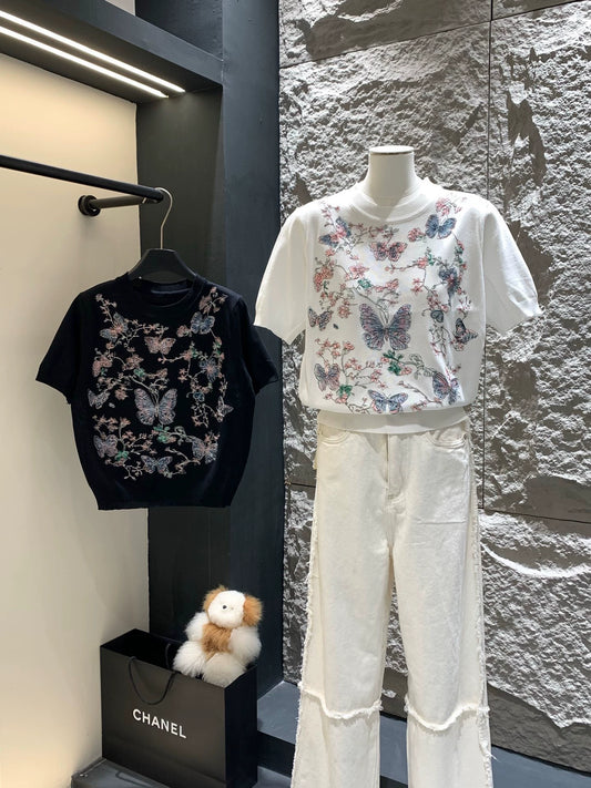 D 25 Butterfly Embroidery Short Sleeve Knit Top