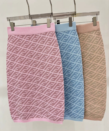 F 25 New Gold and silver thread Slanted stripes full print Casual knitted half skirt(pink blue brown)