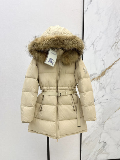 Bru 25 Waist waistband long down jacket ，raccoon fur collar(BLACK/WHITE/KHAKI)