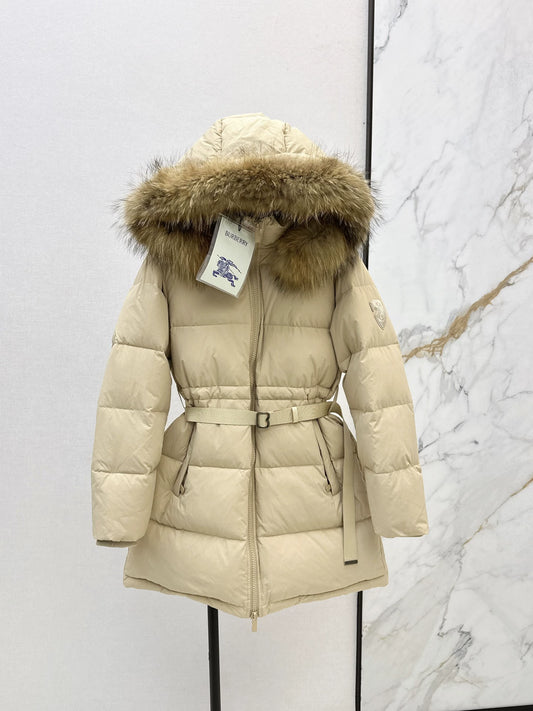 Bru 25 Waist waistband long down jacket ，raccoon fur collar(BLACK/WHITE/KHAKI)