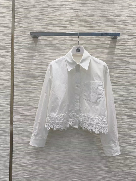 LO 25 New Pocket Splicing Lace Long Sleeve Shirt