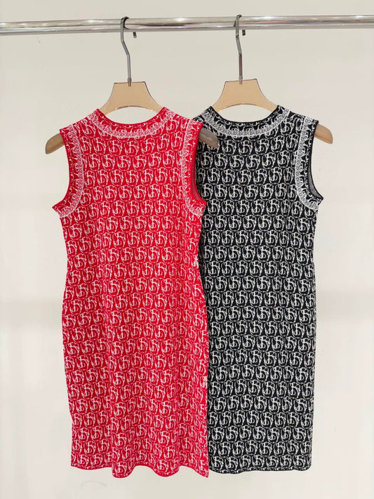 Bu 25 Early spring new round neck letter logo jacquard full print dresses