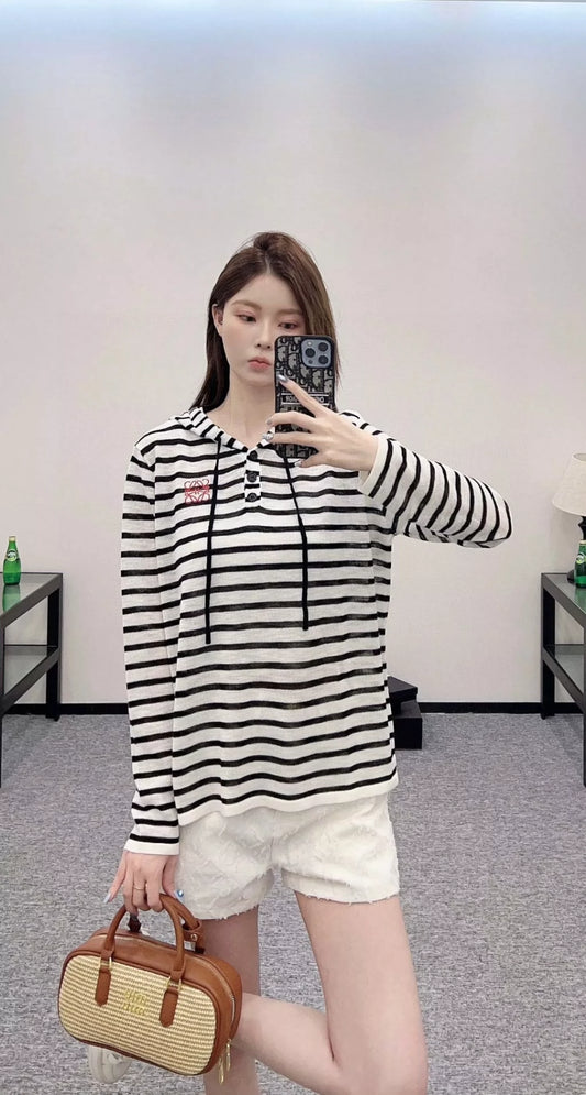 LO 25 spring and summer new Hooded striped knit sun top