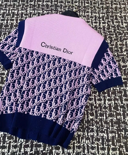 D 25 New Color Block Letter Single Breasted Navy Neck Short Sleeve Knit Top