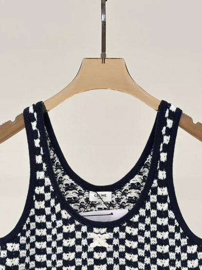 CE 25 Summer new round neck letter logo jacquard plaid contrast color casual knitted dress