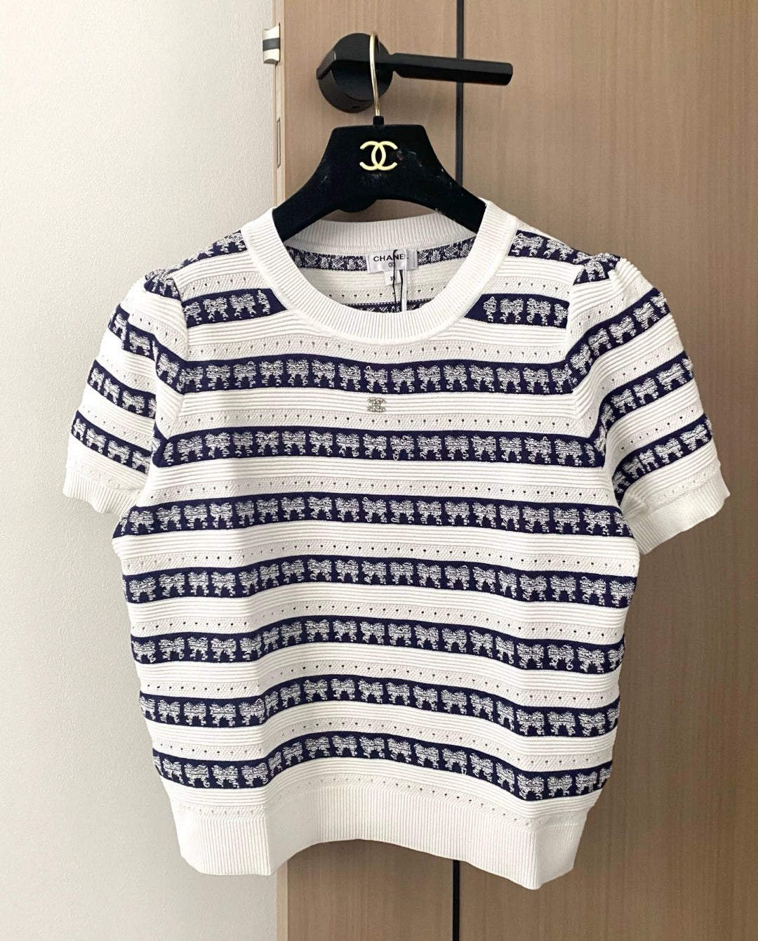 C 25 new striped bow round neck short sleeve knit