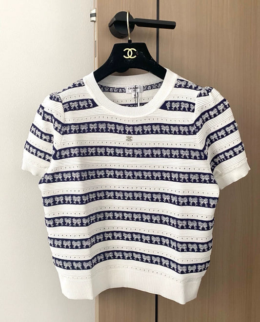 C 25 new striped bow round neck short sleeve knit