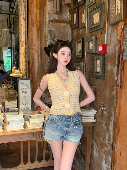 C 25 new sunflower V-neck Slim thin knitted vest cardigan