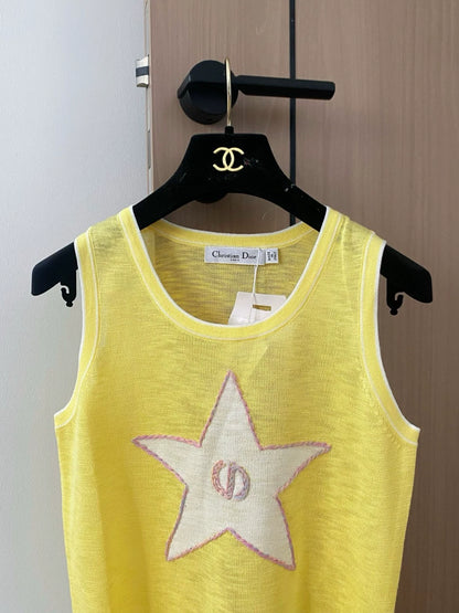 D 25 New Color Clash Star Stripe Crew Neck Sleeveless Knit Tank Top（white sapphire blue yellow ）