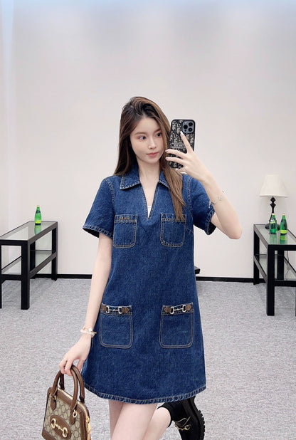 G 25 Denim lapel short-sleeved dress