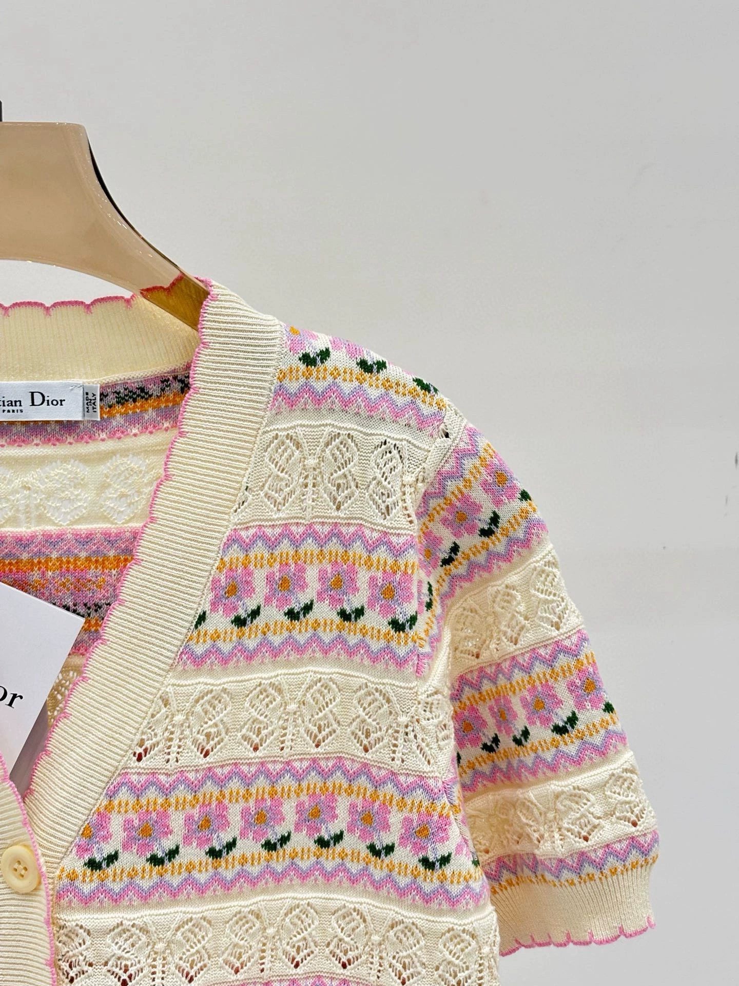 C 25 spring and summer new round neck striped hollow print knit cardigan