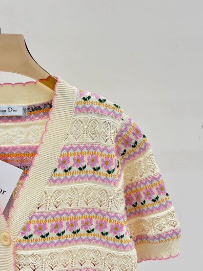 C 25 spring and summer new round neck striped hollow print knit cardigan