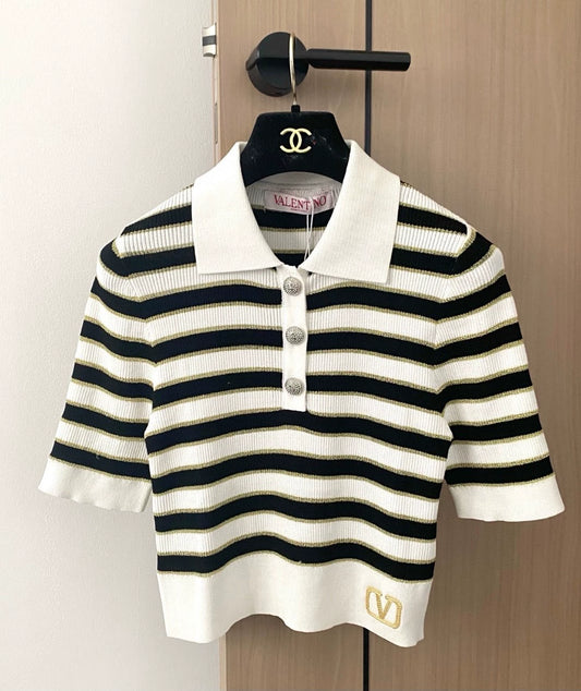 V 25 new striped embroidery button collar short sleeve knit(Red\white)