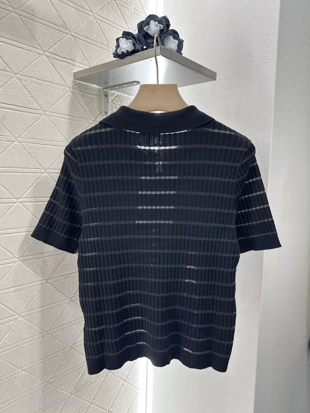 C 25 Spring/Summer New Hollow Front Striped Knit Short Sleeve Top(white gray pink balck)