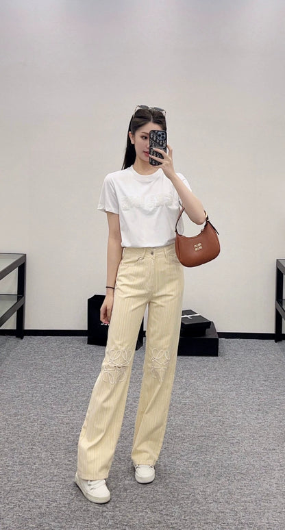 LO 25 New Wide Leg Striped Embroidered Ripped Jeans