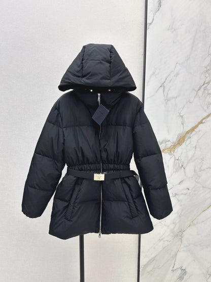 P 25fw Hooded slim-fit mid-length down jacket