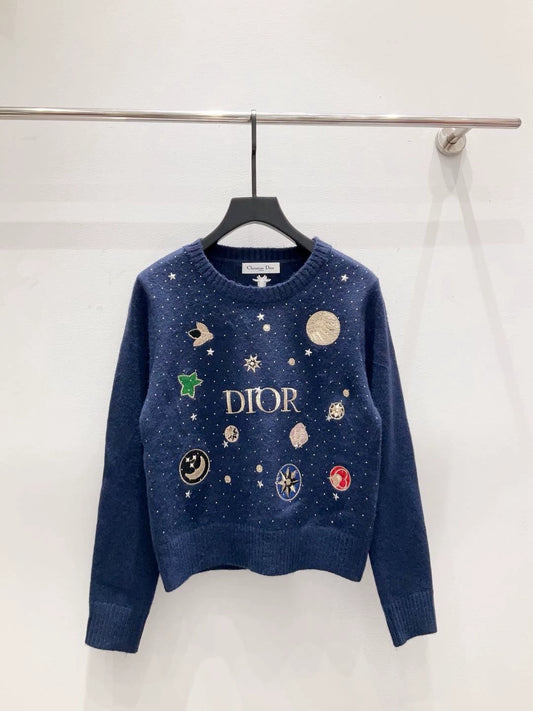 D 25 new heavy-duty hot-drilled letter planet pattern round neck long-sleeved knitted top(white/blue/gray)