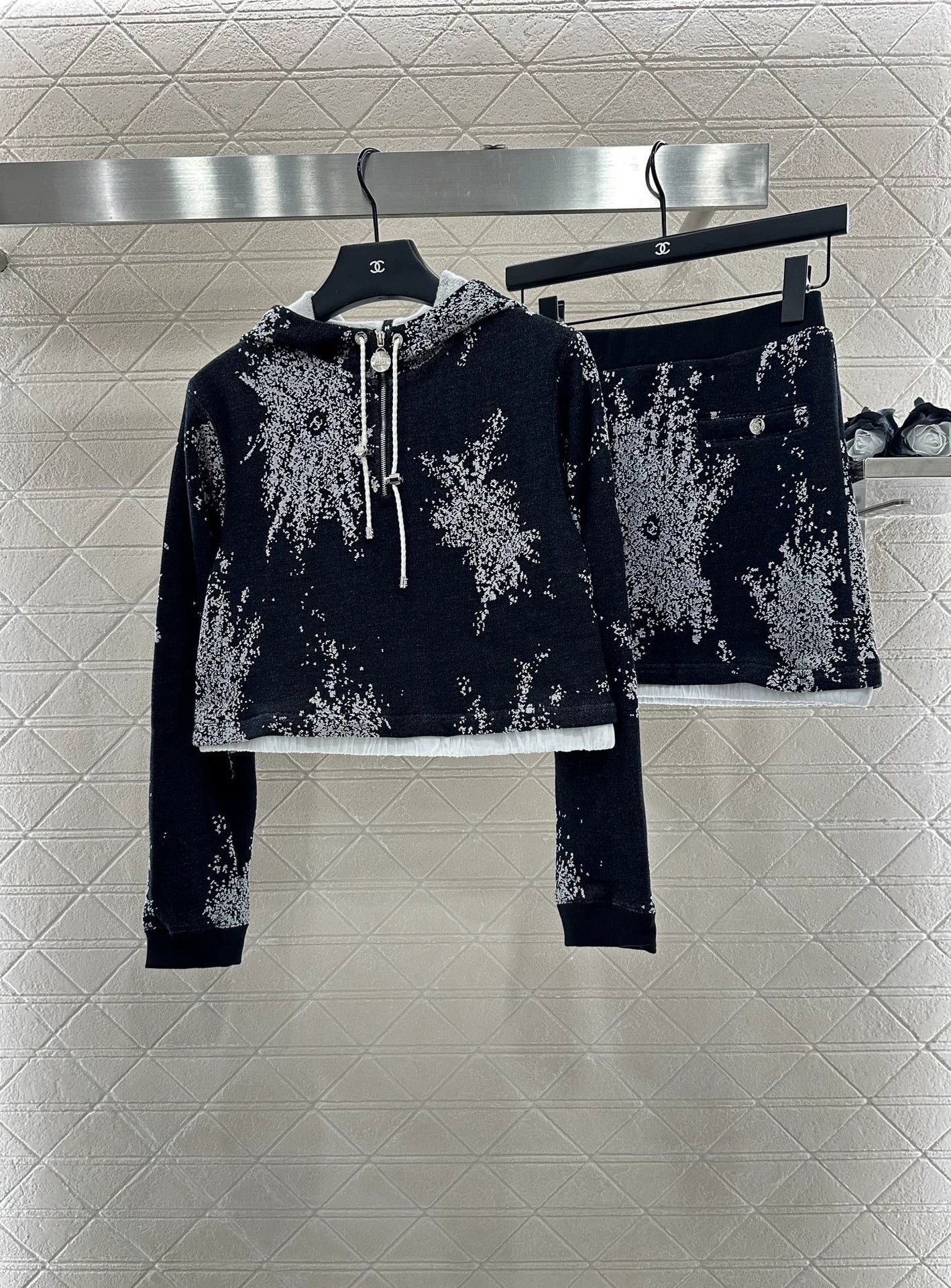 C 25 Hooded Printed Sweatshirt and Skirt Set