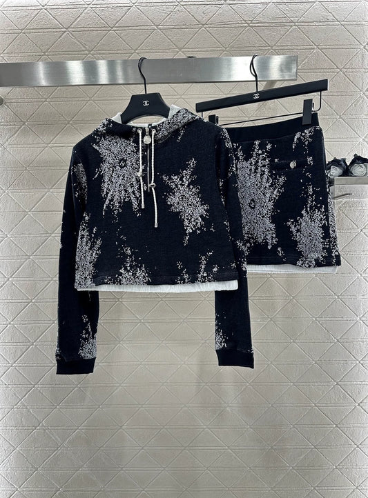 C 25 Hooded Printed Sweatshirt and Skirt Set