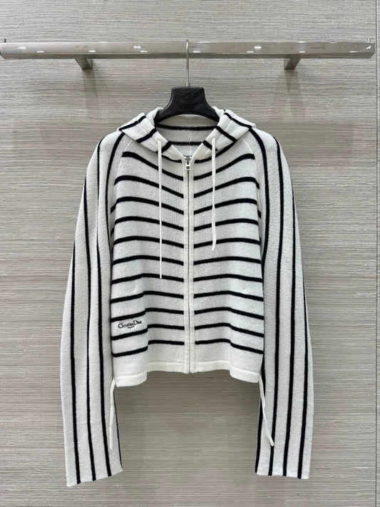 D 25 new drawstring design drawstring striped wool hooded cardigan