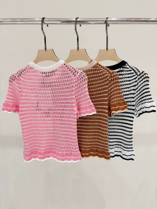 C 25 Summer New Round Neck Letter Logo Diamonds Logo Hollow Out Casual Knit Short Sleeve
