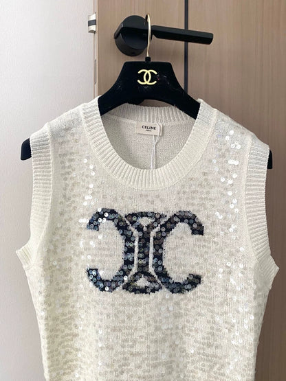 CE 25 new contrast pattern sequin round neck sleeveless knitted vest