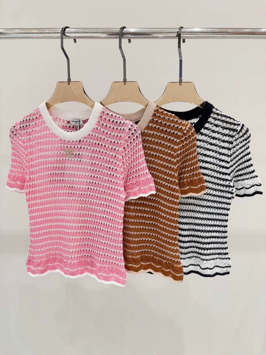 C 25 Summer New Round Neck Letter Logo Diamonds Logo Hollow Out Casual Knit Short Sleeve