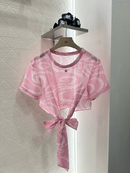 C 25 Printed Lace-Up Short Sleeve Top