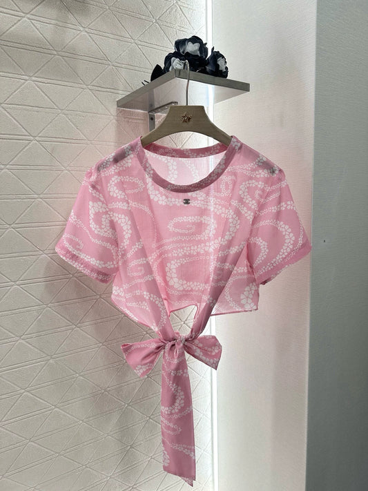 C 25 Printed Lace-Up Short Sleeve Top