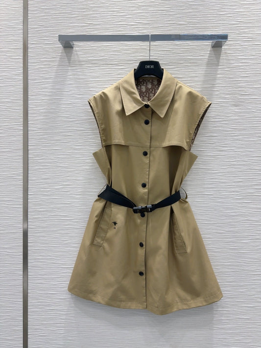 D 25 New Bee Embroidered Belt Single Breasted Vest Dresses