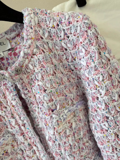 C 25 Macaron color matching woven three-dimensional cardigan