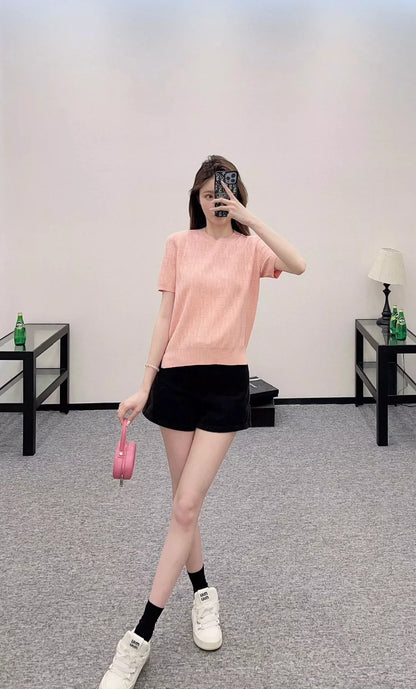 F 25 Jacquard Letter Knit Short Sleeve Top