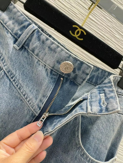 C 25 New Embroidered Mid-Length Denim Half Skirt