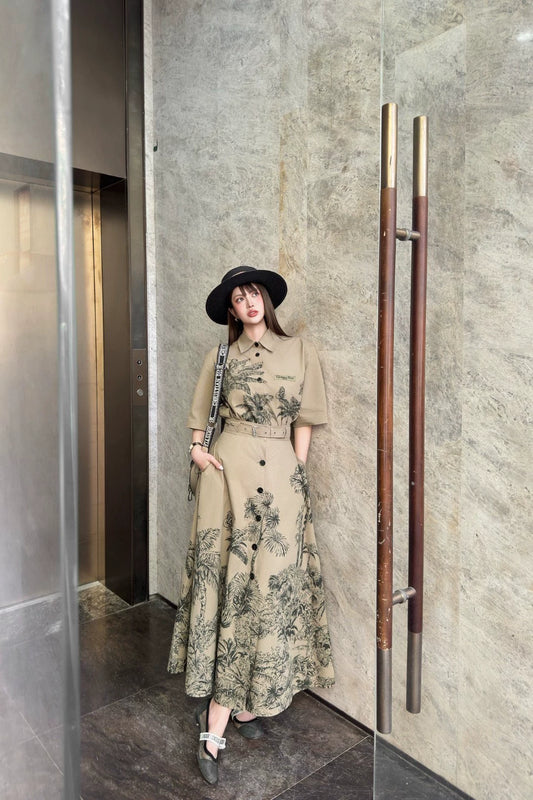 D 25 new brown printed belt single breasted long skirt