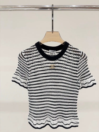 C 25 Summer New Round Neck Letter Logo Diamonds Logo Hollow Out Casual Knit Short Sleeve