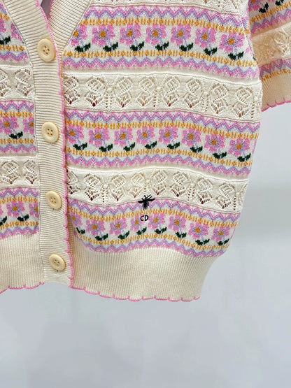 C 25 spring and summer new round neck striped hollow print knit cardigan