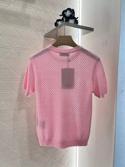 M 25 spring and summer new openwork knit short-sleeved top